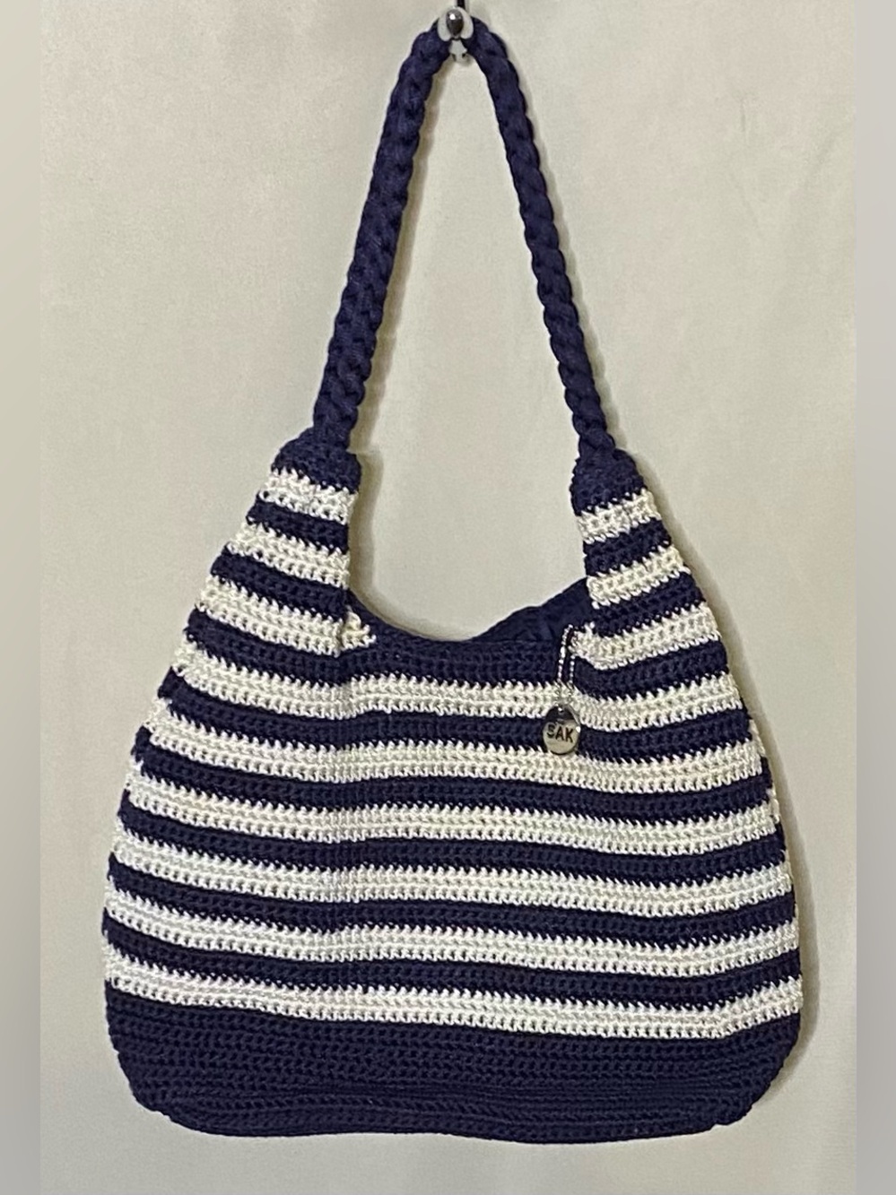 Vintage The SAK Crochet Striped Boho Shoulder Bag-Navy Blue, Cream